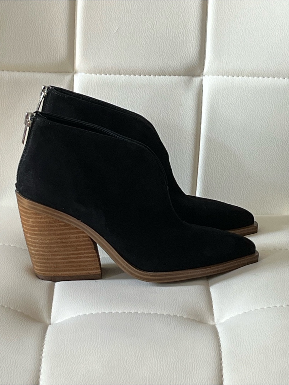 Vince Camuto Black Suede Ankle Booties with Stacked Wood Heel 7M